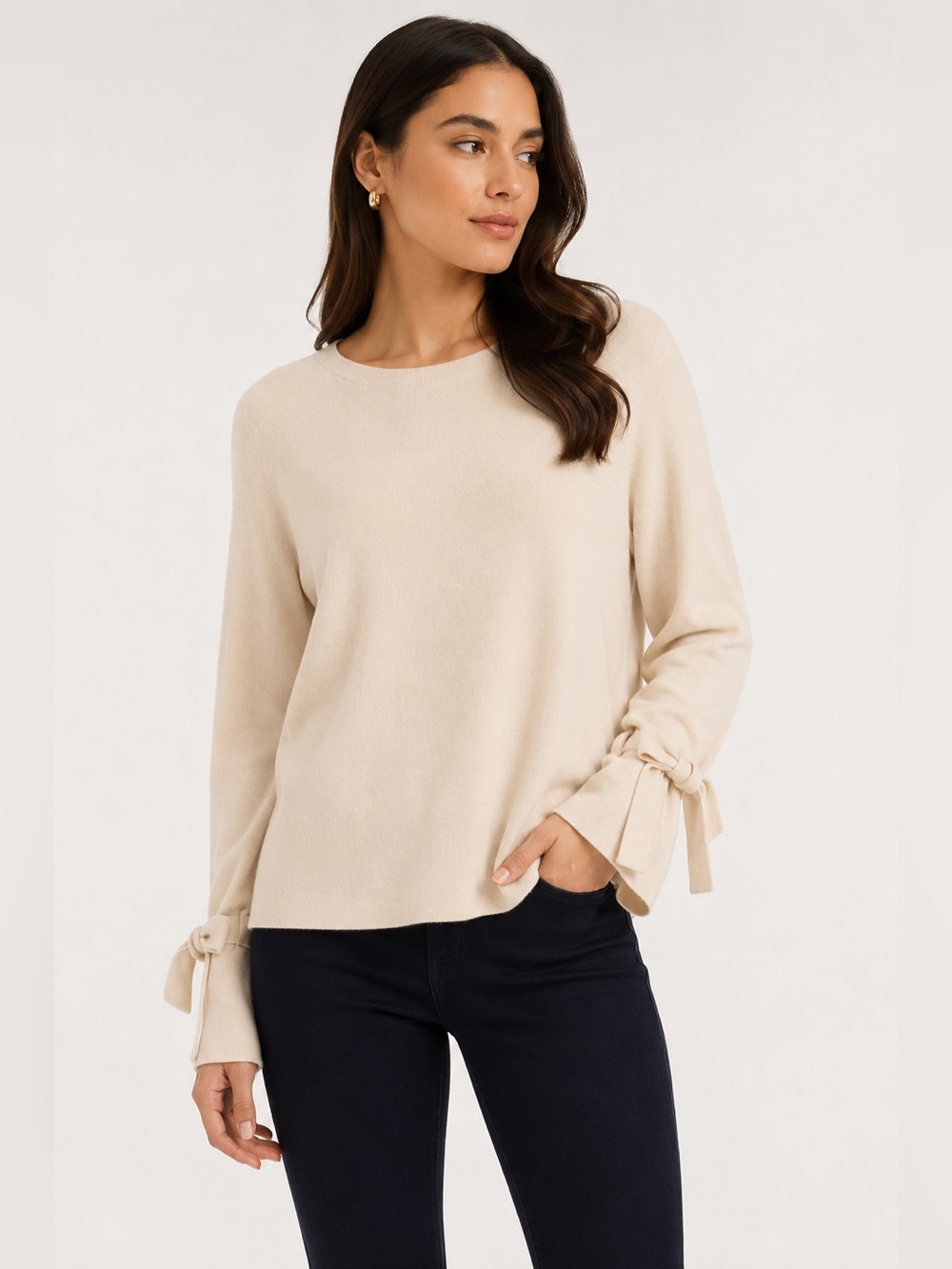 Design Lab Lord & Taylor Cream Tie Sleeve Sweater Top L NWT